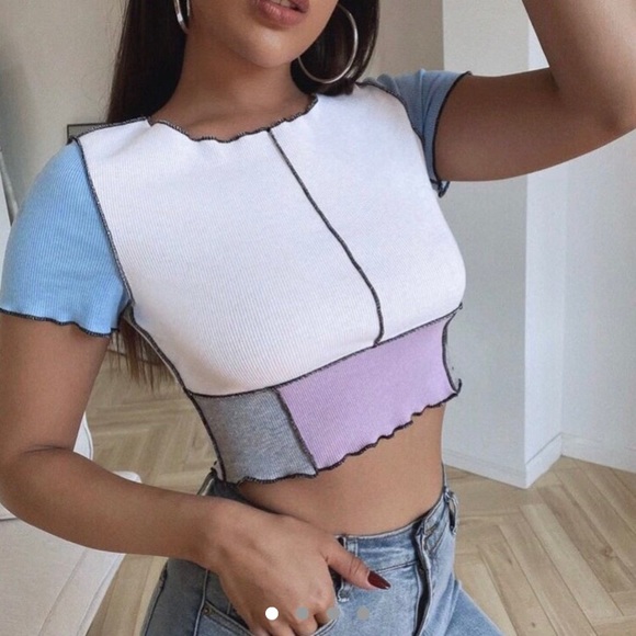 Contrast stitch pastel colour-block baby tee✨ - Picture 3 of 6